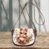 Cute happy baby bunny with big eyes sitting saddle bag