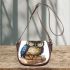 Cute owl wearing blue glasses sitting on books saddle bag