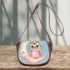 Cute pink owl with a bow and glasses sitting on the moon saddle bag