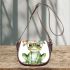 Cute watercolor cartoon frog with glasses and flowers saddle bag
