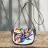 Drawing of an abstract flower design with colorful lines and shapes saddle bag