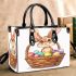 Happy easter bunny with a basket full of colored eggs small handbag