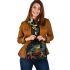 Illustrative colorful frog with fractal skin and glowing eyes shoulder handbag