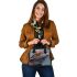 Illustrative colorful frog with fractal skin and glowing eyes shoulder handbag