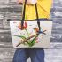 Music notes and bamboo flute and tulip and bird Leather Tote Bag