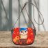 Owl wearing blue hat sitting on wood saddle bag