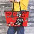 skeleton king with guitar trumpet dogs and music notes Leather Tote Bag