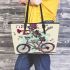 skeleton riding bike with trumpet and music notes Leather Tote Bag