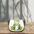 Watercolor cute and happy green frog sitting with coffee mug saddle bag