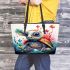 Whimsical coffee turtle leather tote bag