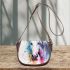 White horse with colorful paint splashes on its face saddle bag