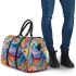 An airbrush cartoon of a blue green frog with rainbow 3d travel bag