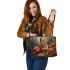 Bengal Cat with Colorful Flowers 2 Leather Tote Bag