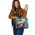 Colorful turtle fantasy scene leather tote bag