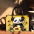 Cute baby panda with sunflowers on a yellow