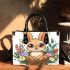 Cute cartoon baby bunny with big eyes sitting small handbag