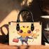 Cute cartoon bee holding flowers and a honeycomb small handbag