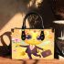 Cute cartoon bee holding flowers and a honeycomb small handbag