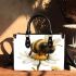 Cute cartoon bee sitting on top of a daisy flower against small handbag