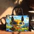 Cute cartoon bee with big eyes holding a heart shaped honey small handbag