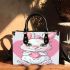 Cute cartoon bunny with a pink bow holding heart small handbag