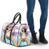 Cute cartoon owl with big eyes wearing a colorful 3d travel bag