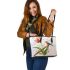 Music notes and bamboo flute and tulip and bird Leather Tote Bag