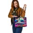 Vibrant surreal creature with smoke leather tote bag