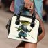 Cartoon frog character dressed as a samurai holding shoulder handbag