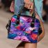 Colorful butterfly with flowers and leaves on purple shoulder handbag