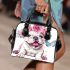 Cute and happy english bulldog puppy with pink roses shoulder handbag