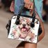 Cute baby english bulldog dog wearing a flower crown and butterfly shoulder handbag