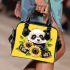 Cute baby panda with sunflowers on a yellow shoulder handbag