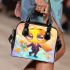 Cute cartoon bee holding flowers and a honeycomb shoulder handbag