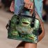 Cute cartoon green frog sitting on top of a bowl shoulder handbag