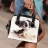 Cute cartoon puppy with big eyes sits on the ground shoulder handbag