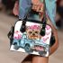 Cute cartoon yorkshire terrier with pink flowers in her hair shoulder handbag