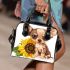 Cute chihuahua puppy with big eyes sitting next to a sunflower shoulder handbag