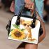 Cute chihuahua puppy with big eyes sitting next to a sunflower shoulder handbag