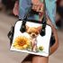 Cute chihuahua puppy with big eyes sitting next to sunflower shoulder handbag