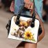 Cute chihuahua puppy with big eyes sitting next to sunflower shoulder handbag