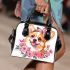 Cute corgi puppy with pink roses and butterflies shoulder handbag