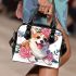 Cute corgi puppy with pink roses and butterflies shoulder handbag