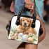 Cute golden retriever with easter eggs and white daisies shoulder handbag