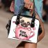 Cute happy pug puppy inside a pink cup shoulder handbag
