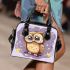 Cute owl cartoon surrounded in the style of stars and flowers shoulder handbag