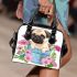 Cute pug dog inside a flower bucket shoulder handbag