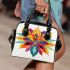 Drawing of an abstract flower design with colorful lines and shapes shoulder handbag
