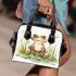 Happy frog sitting in the grass near a pond shoulder handbag