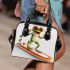 Happy frog wearing sunglasses surfing on a surfboard while holding shoulder handbag
